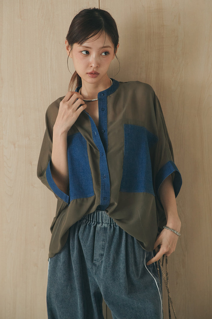 [SET]デニムライクビッグツーポケシアーシャツ+ドロストサイドラインデニムパンツ(2set)