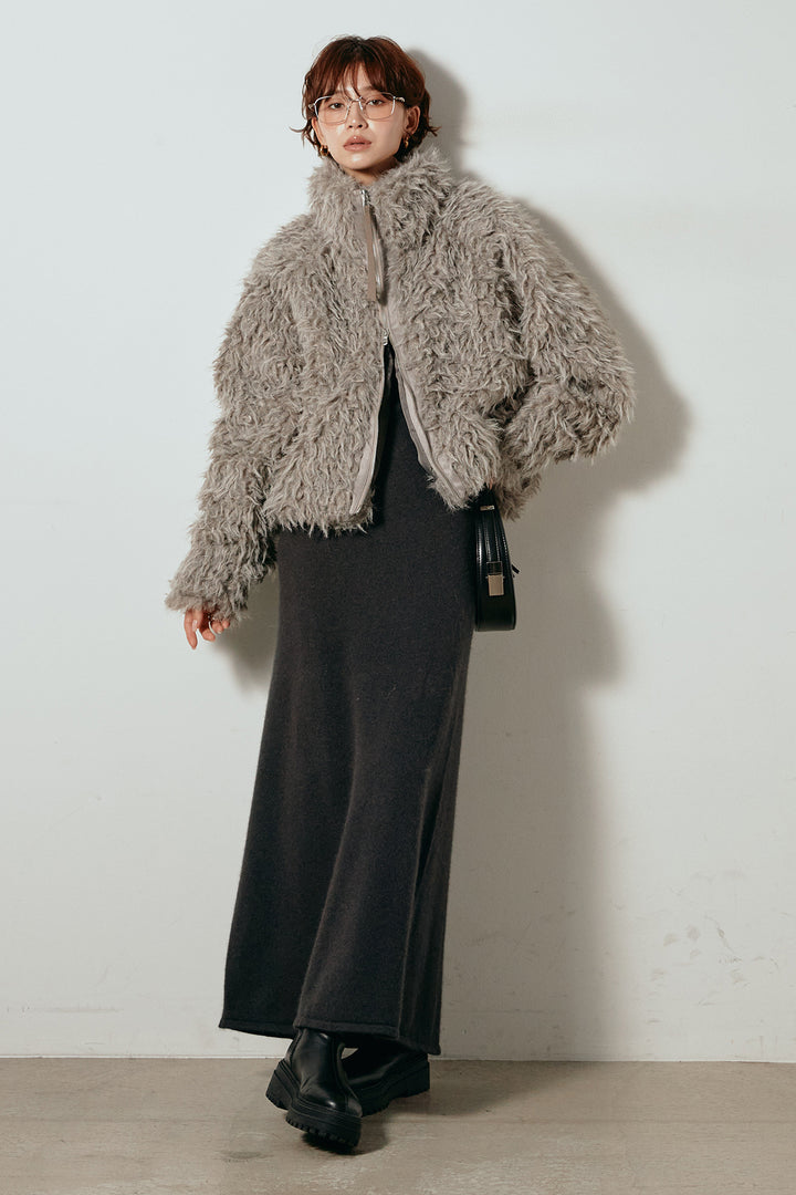 [SET]ミックスシープファースタンドブルゾン+ノースリーブニットロングワンピース(2set)