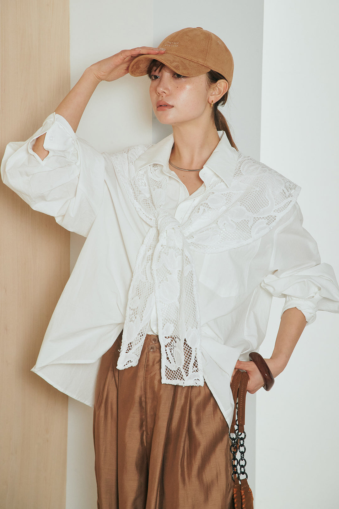 [SET]フラワー柄スカーフ付きシャツ+ダブルボタンワイドパンツ(2set)