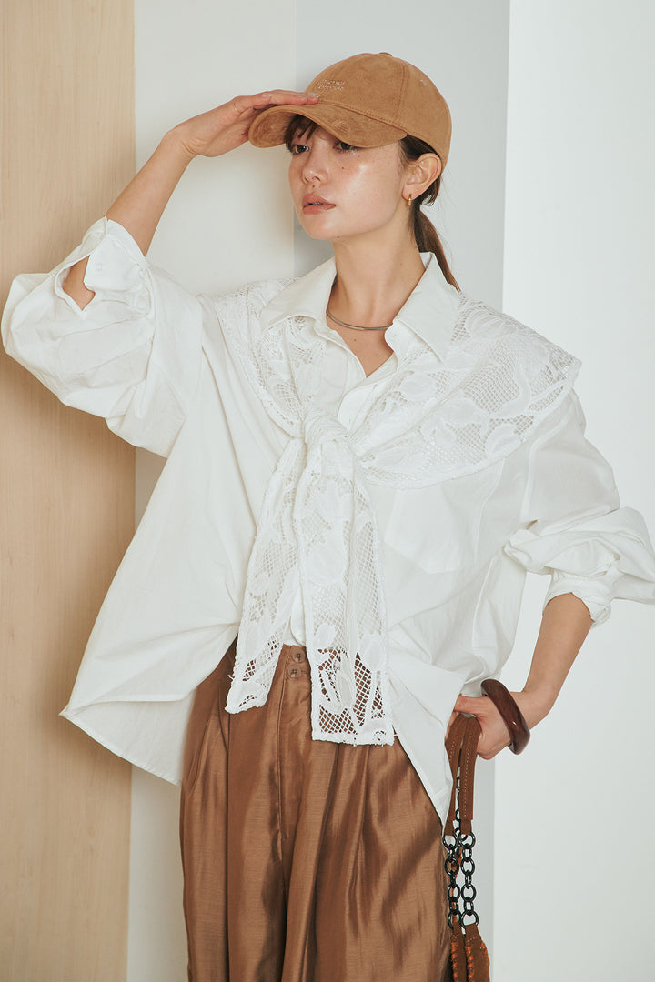 [SET]フラワー柄スカーフ付きシャツ+ダブルボタンワイドパンツ(2set)