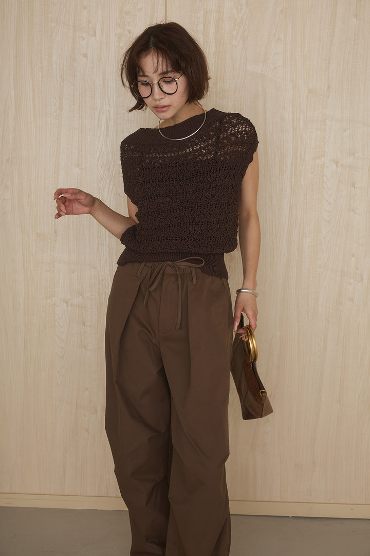 [SET]透かしレース編みフレンチニット+ニーサイドタックウエストドロストパンツ(2set)