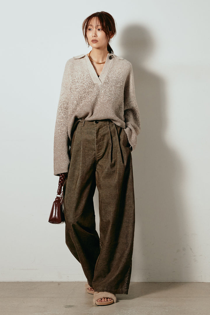 [SET]グラデーションラメニットキーネックプルオーバー+フロントタック入りコーデュロイパンツ(2set)