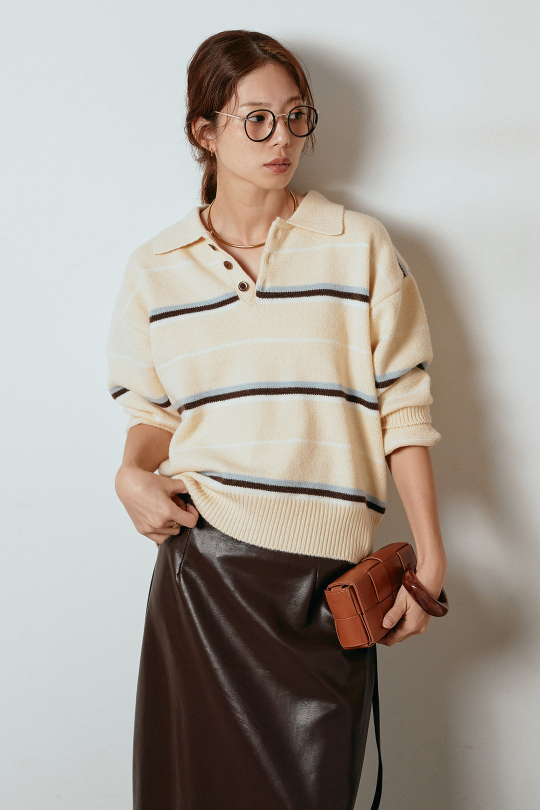 [SET]襟付きマルチボーダーニットポロトップス+紐付きフェイクレザーワイドスカート(2set)