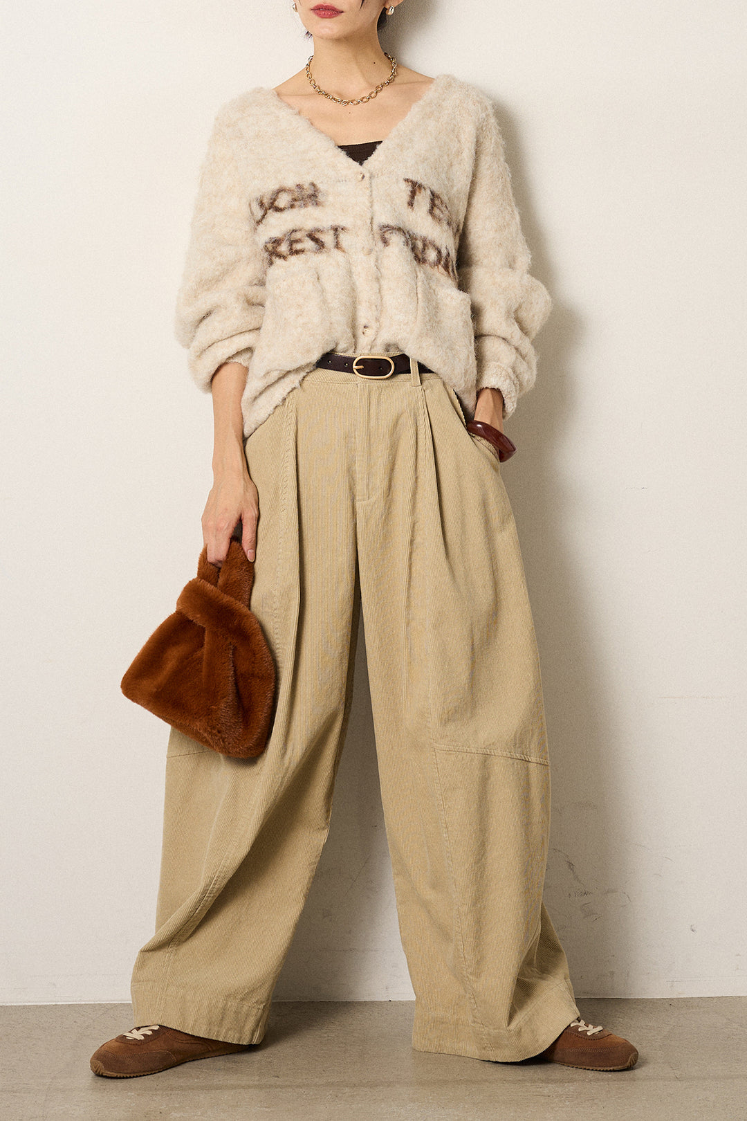 [SET]ウール混透かしロゴニットカーディガン+タック入りコーデュロイワイドパンツ(2set)