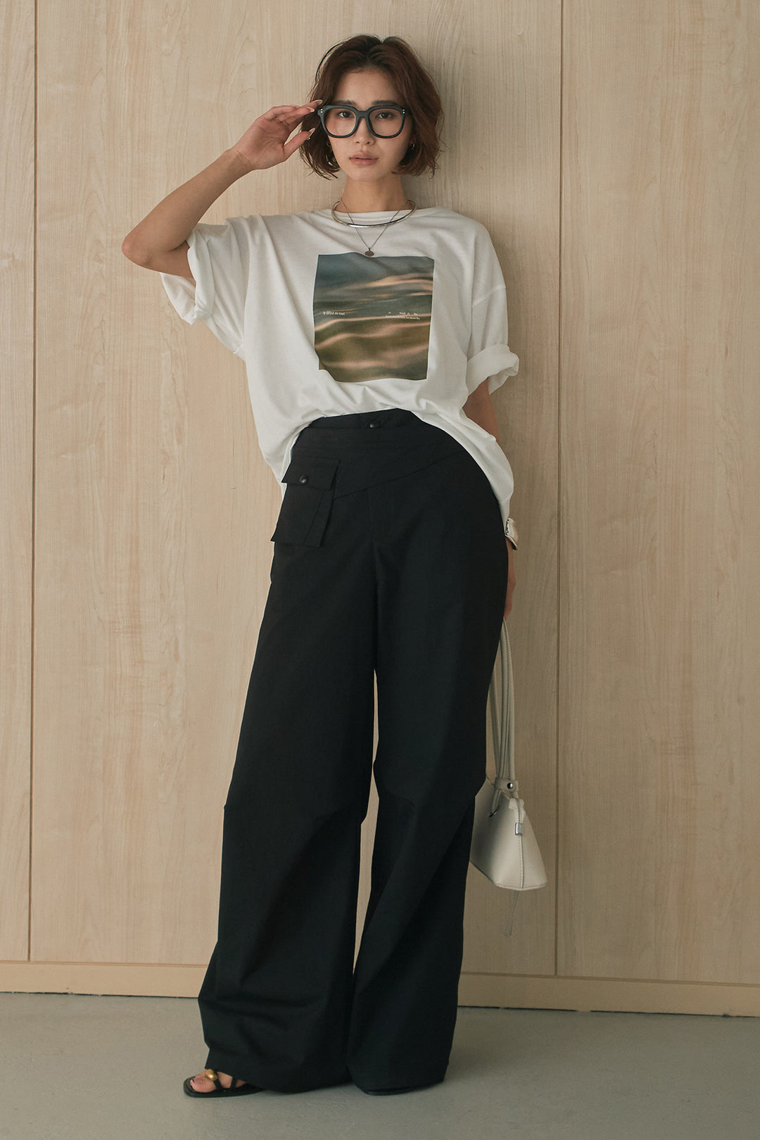 [SET]MarbleプリントTシャツ+ポケットベルト付きニーサイドタックパンツ(2set)