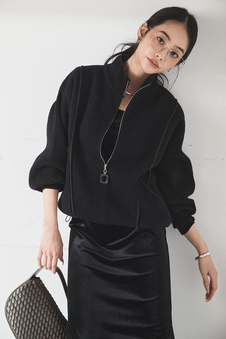 [SET]ハイネックパイピングデザインブルゾン+ベロアバレエネックワンピース(2set)