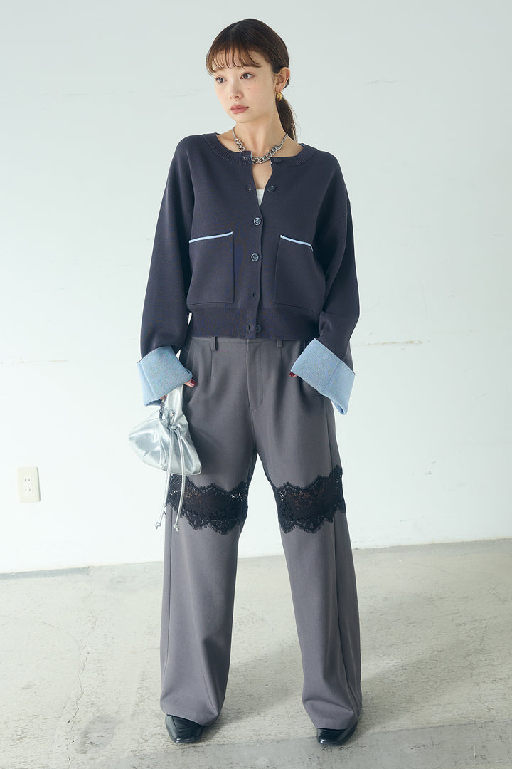 [SET]レーヨンポリダブルフェイスカーディガン+レース刺繍切替ワイドパンツ(2set)