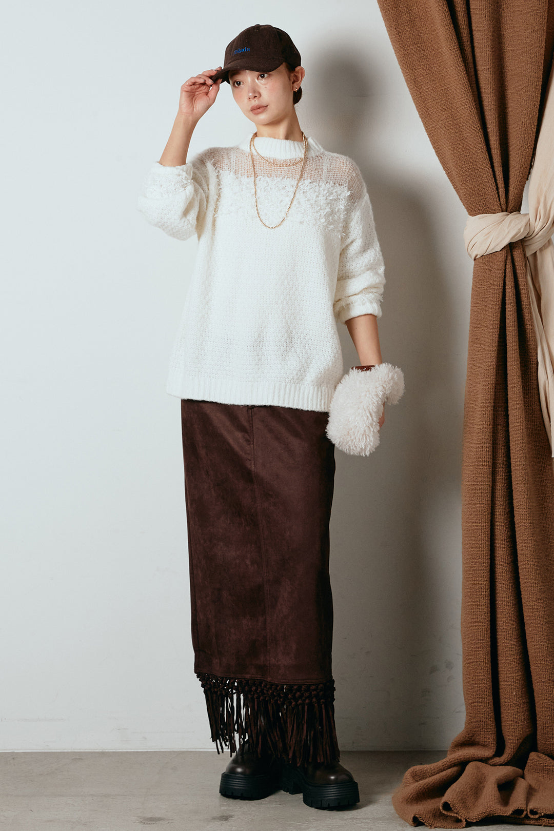 [SET]パターンランダム編みニットトップス+スウェードライク裾フリンジスカート(2set)