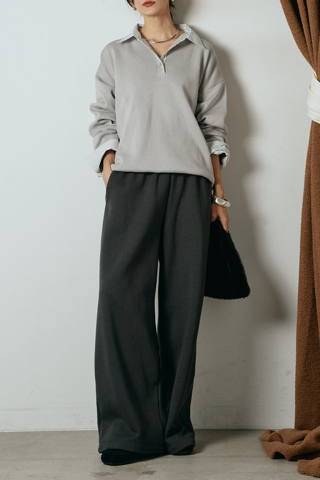 [SET]ストライプシャツドッキングポロトップス+裏起毛スウェットワイドパンツ(2set)