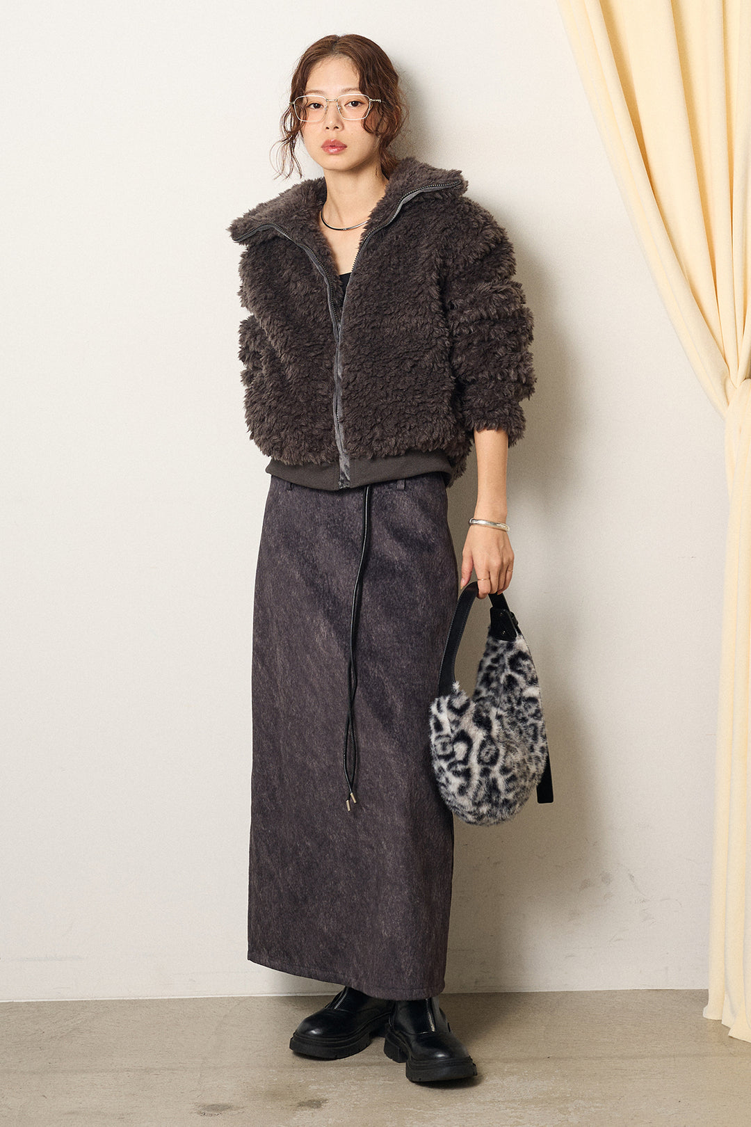 [SET]スタンドカラー裾リブボアブルゾン+ロープベルト付きスウェード調スカート(2set)