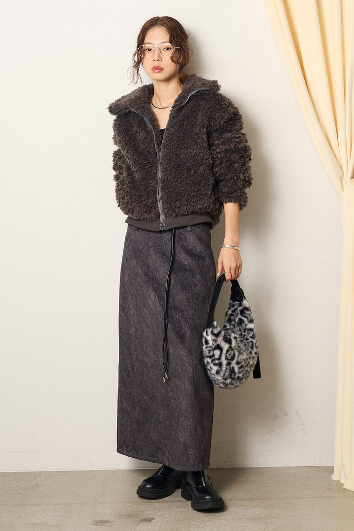 [SET]スタンドカラー裾リブボアブルゾン+ロープベルト付きスウェード調スカート(2set)