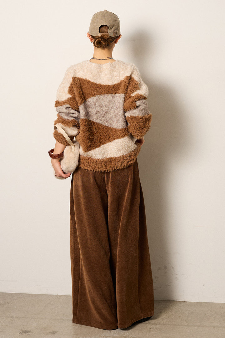 [SET]シャギーウェーブ柄クルーネックニットトップス+ベルトループコーデュロイワイドパンツ(2set)