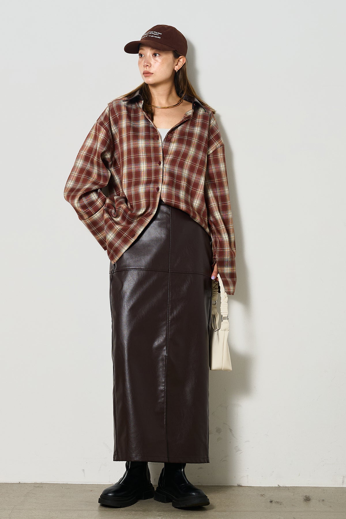 SET]襟フェイクレザーネルチェックシャツ+フェイクレザーワイド