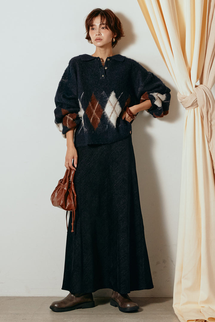[SET]アーガイル柄ポロニットトップス+スウェードライクロングスカート(2set)