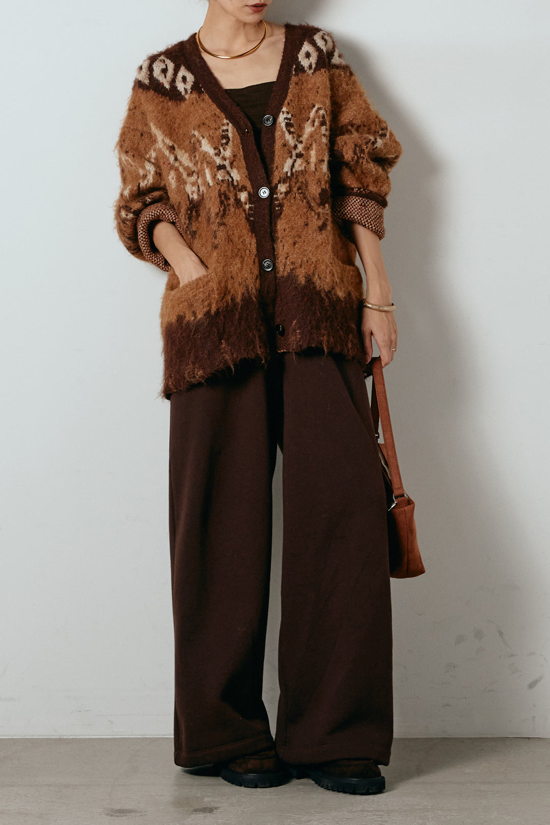 [SET]シャギーニュアンス柄ニットカーディガン+裏起毛スウェットワイドパンツ(2set)