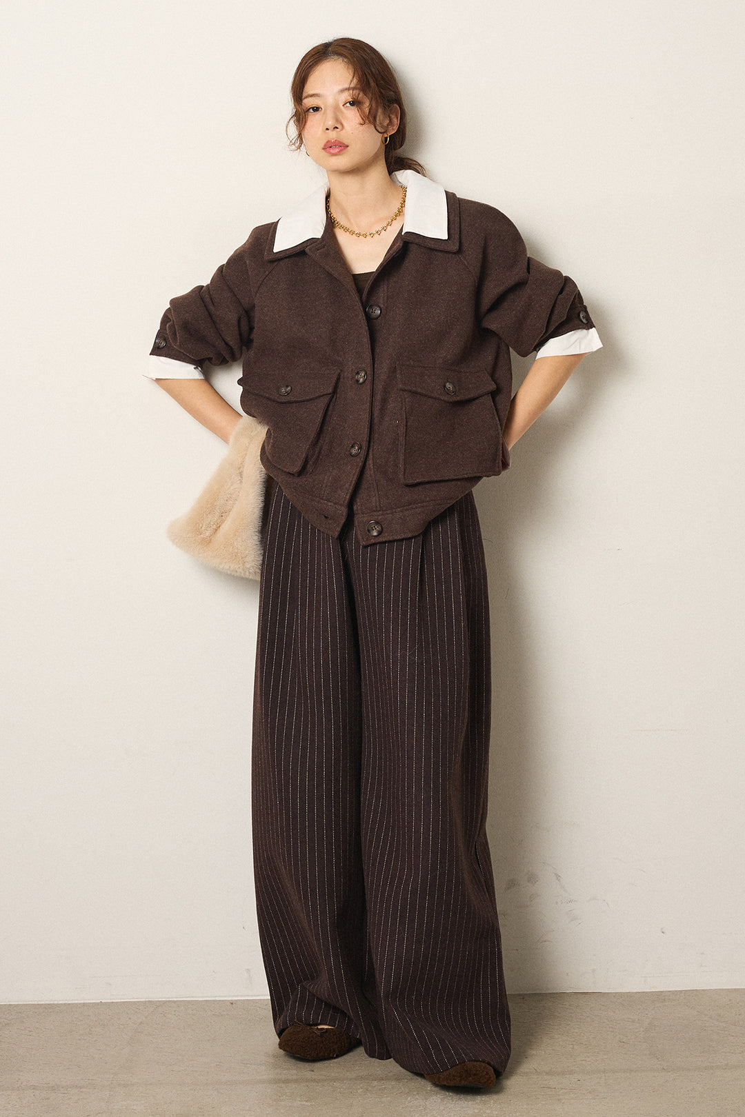 [SET]衿レイヤードフェイクウールジャケット+ウールライクストライプパンツ(2set)