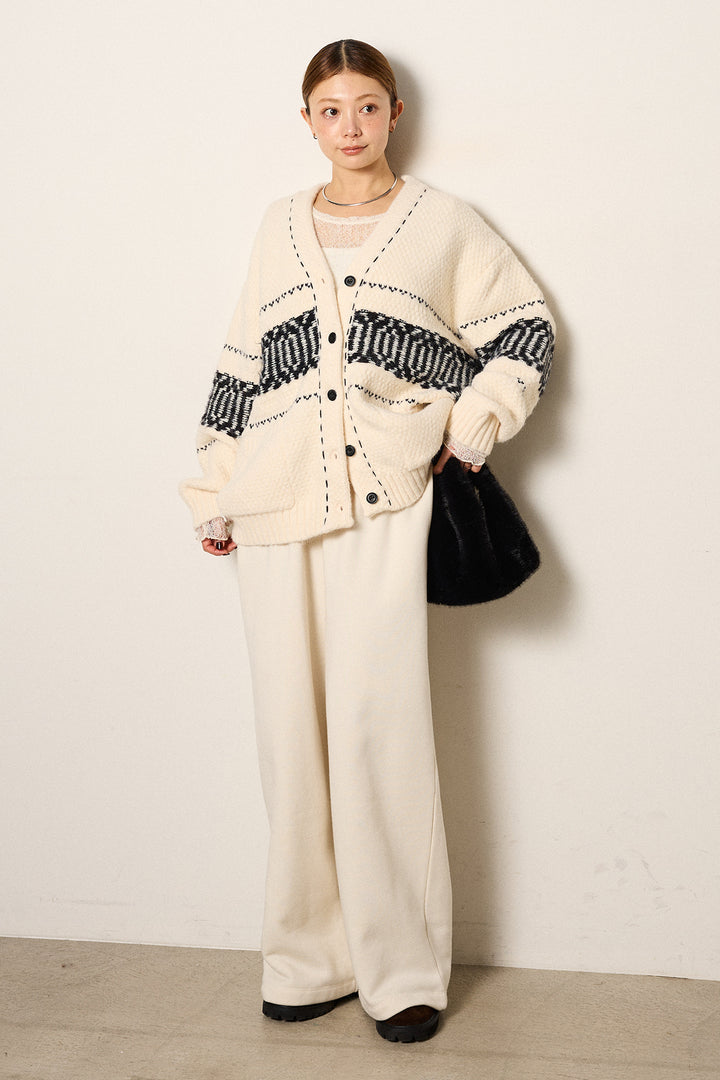 [SET]ライン柄ステッチニットカーディガン+2WAY袖コード刺繍クルーネックプルオーバー+裏起毛スウェットワイドパンツ(3set)