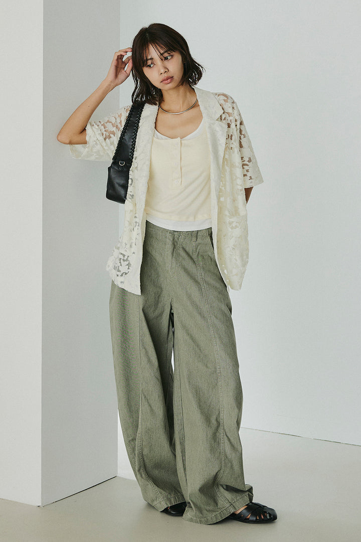 [SET]シアージャガードハーフスリーブテーラードジャケット+サイドベルトカーブワイドパンツ+配色ヘンリーネックタンクトップ(3set)