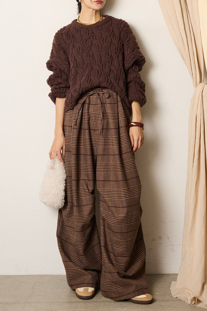 [SET]ケーブルリラックスショートニット+グレンチェックルーズタックパンツ(2set)