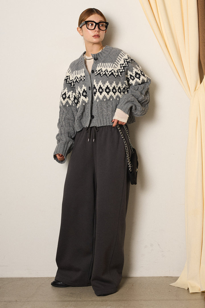[SET]2WAY求心柄ジャガードショートカーディガン+裏起毛スウェットワイドパンツ(2set)