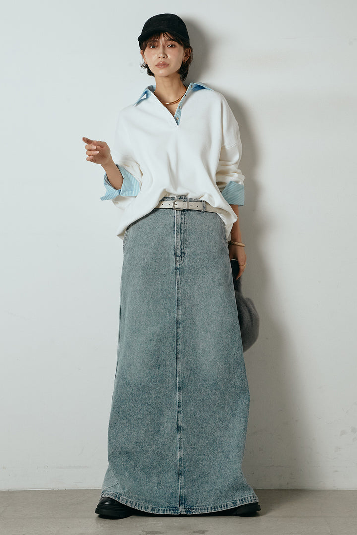 [SET]ストライプシャツドッキングポロトップス+デニムロングフレアスカート(2set)