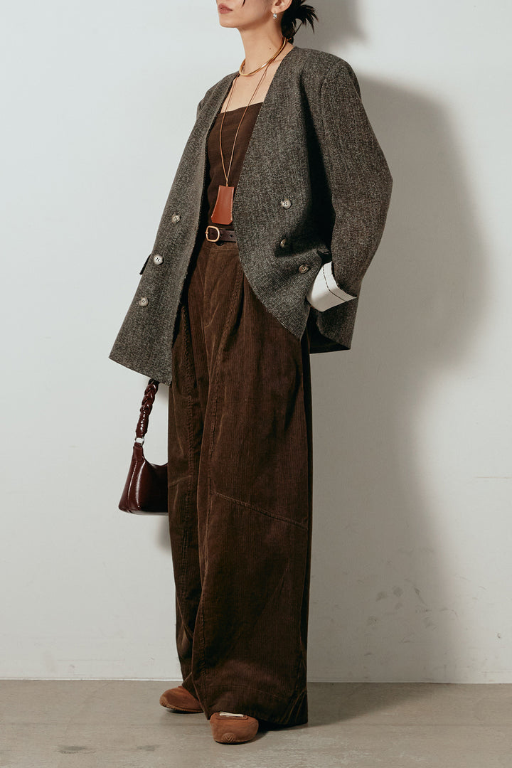 [SET]ノーカラーダブルボタンツイードジャケット+タック入りコーデュロイワイドパンツ(2set)