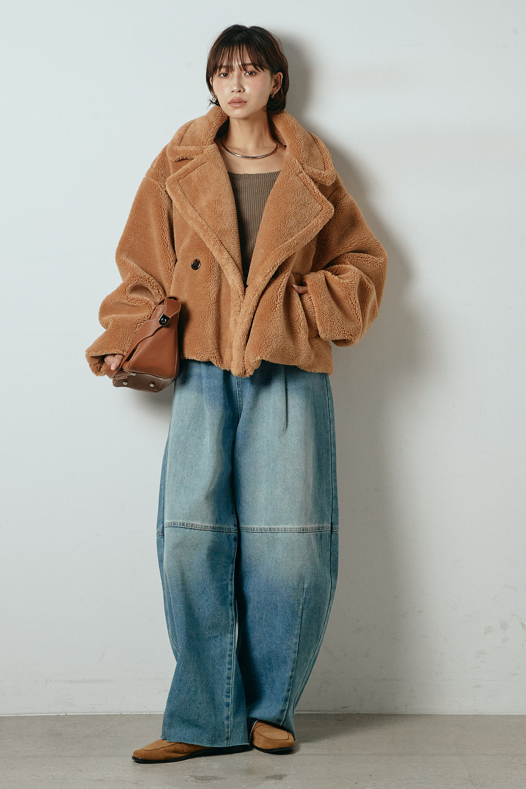 【2月中旬発送】
[SET]テディボアショートジャケット+加工デニムタックコクーンワイドパンツ(2set)