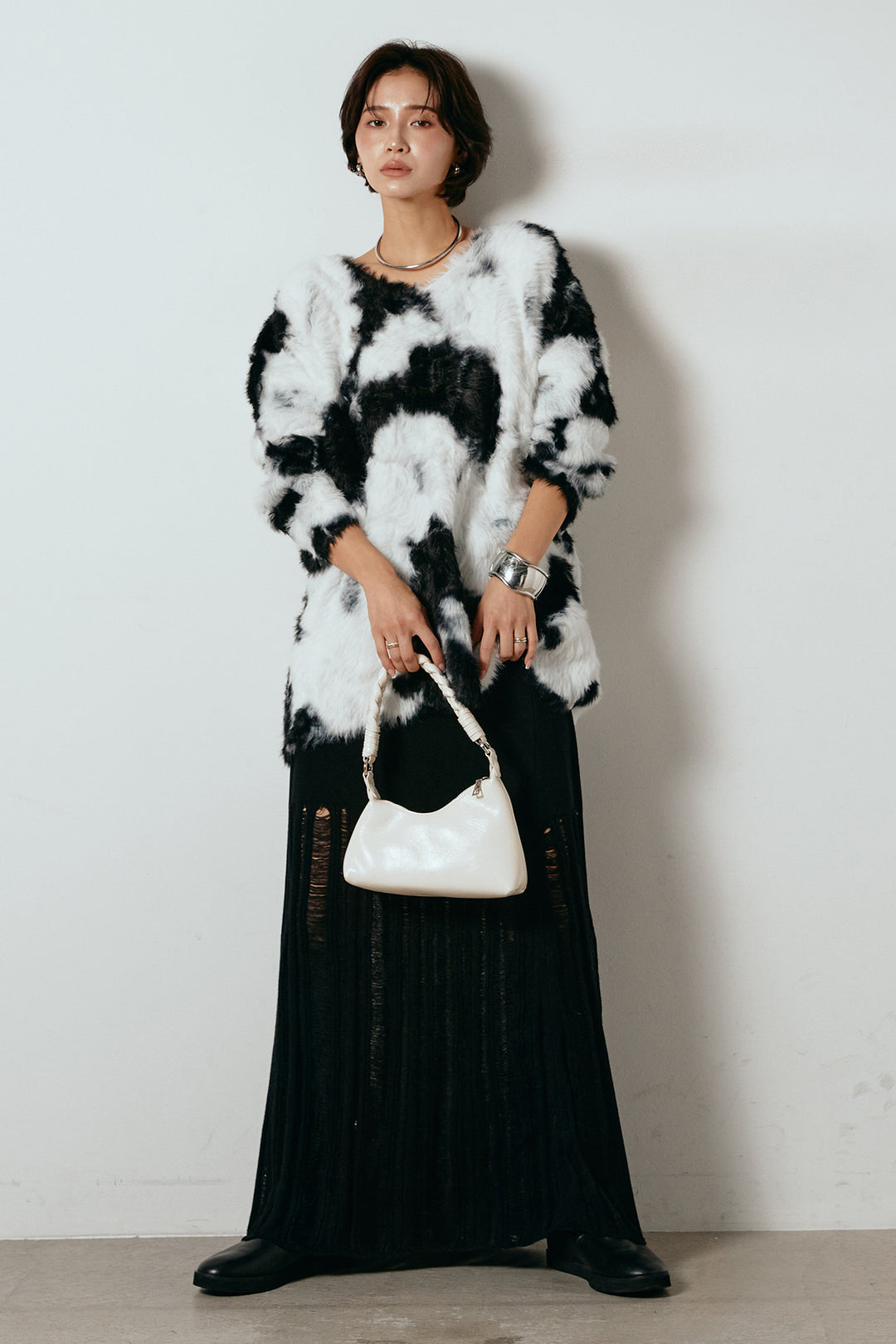 [SET]タイダイ柄シャギーニットトップス+裾シアーリブスカート(2set)