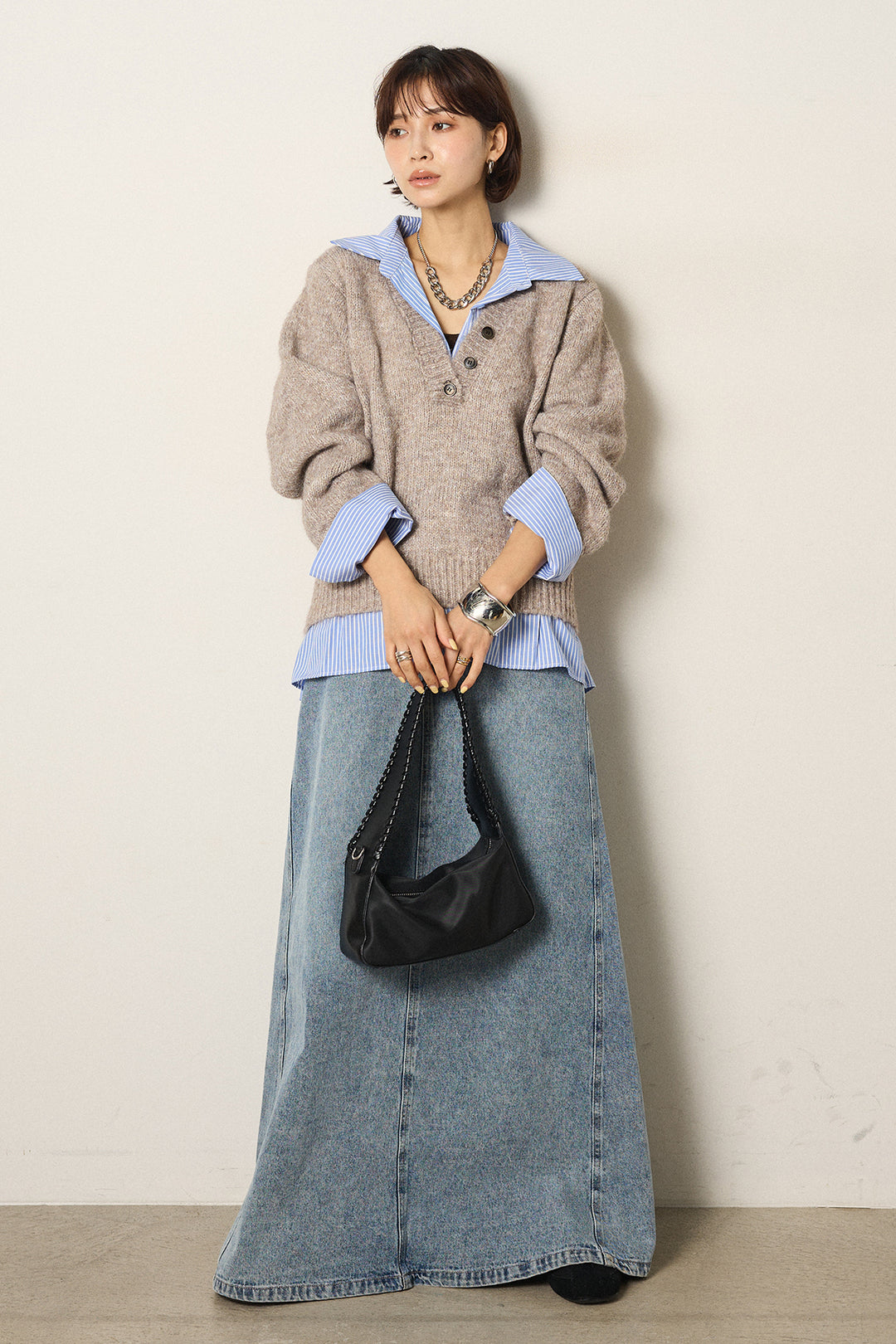 [SET]ストライプシャツドッキングニットポロトップス+デニムロングフレアスカート(2set)