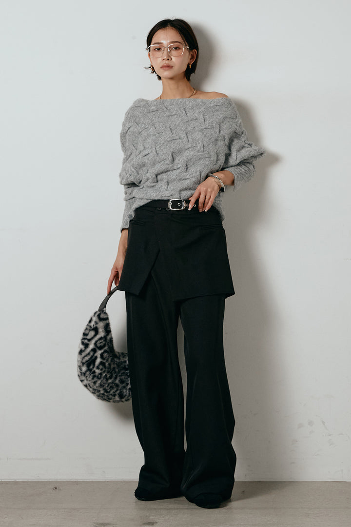 [SET]ボートネックニットトップス+ベルト付きウエストデザインパンツ(2set)