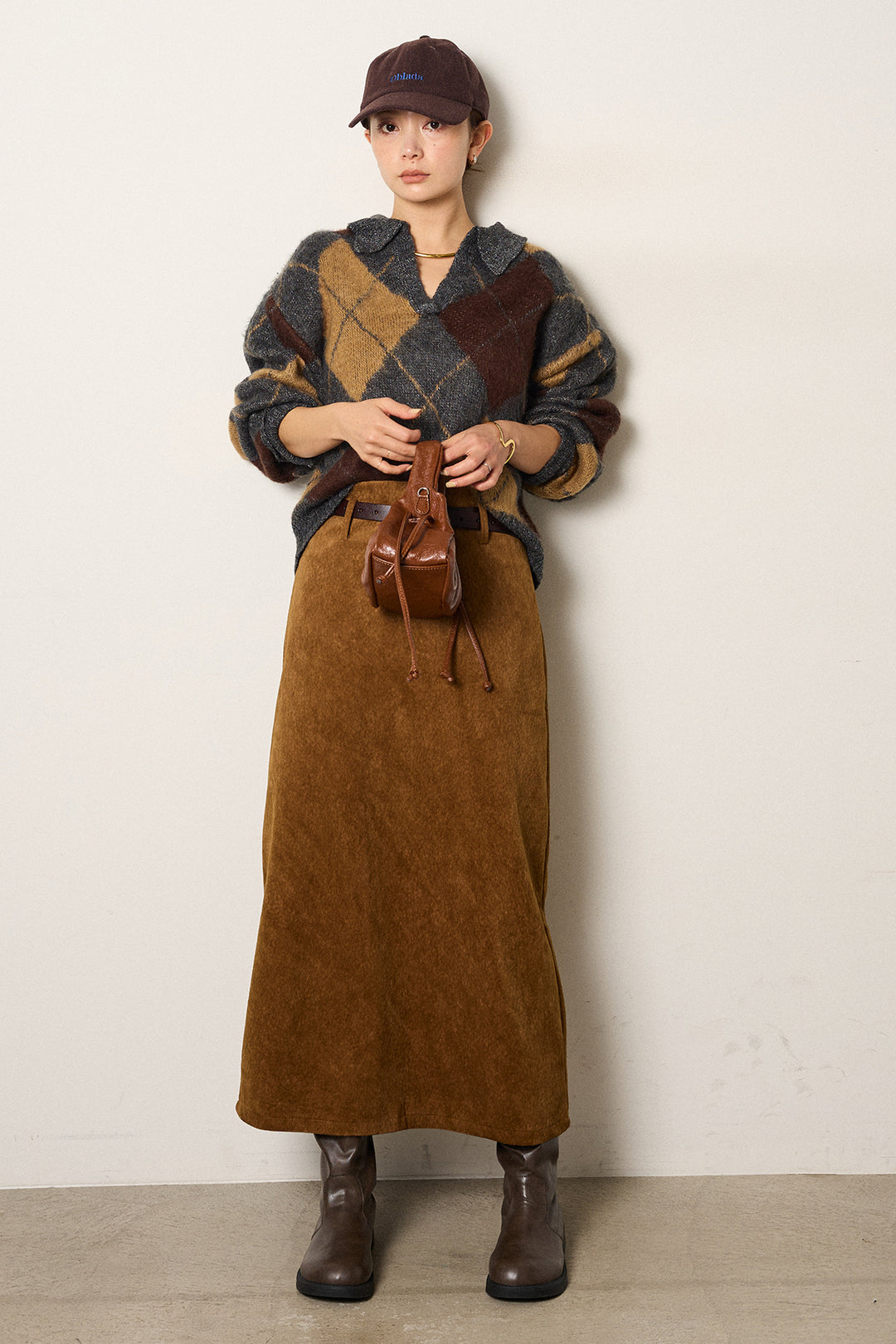 [SET]アクリルモヘアアーガイルキーネックプルオーバー+ロープベルト付きスウェード調スカート(2set)