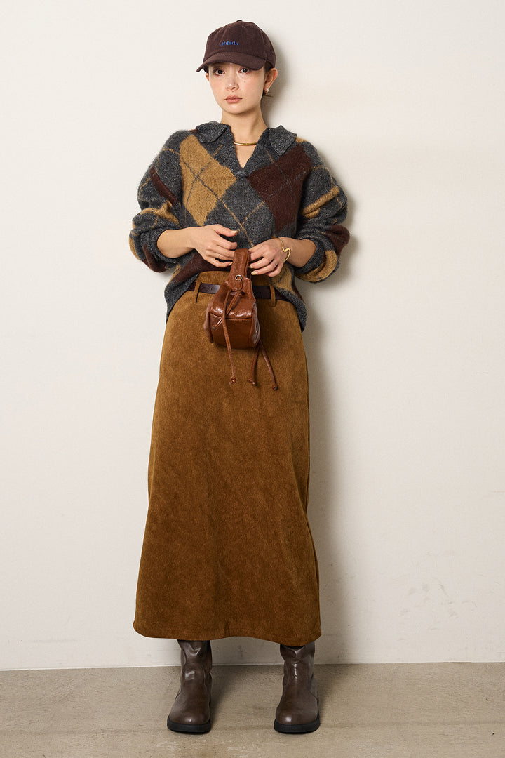 [SET]アクリルモヘアアーガイルキーネックプルオーバー+ロープベルト付きスウェード調スカート(2set)
