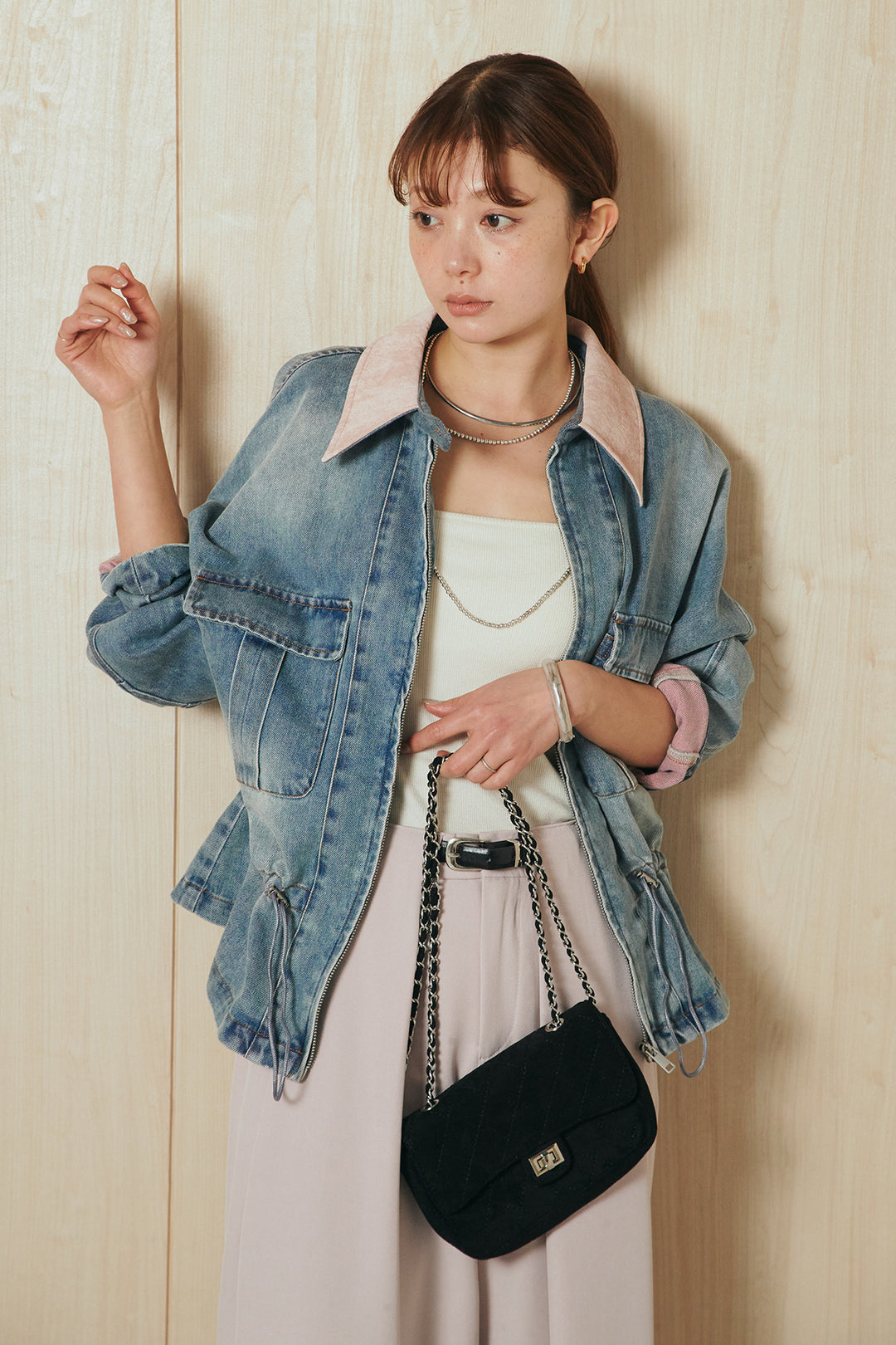 [SET]襟付き配色デニムブルゾン+ビックベルトループタックベルト付きワイドパンツ(2set)