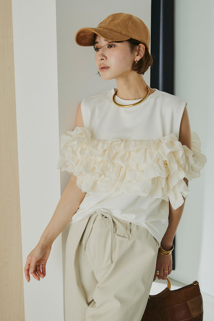 [SET]天竺ナイロンドッキングビスチェ風トップス+ニーサイドタックウエストドロスパンツ(2set)