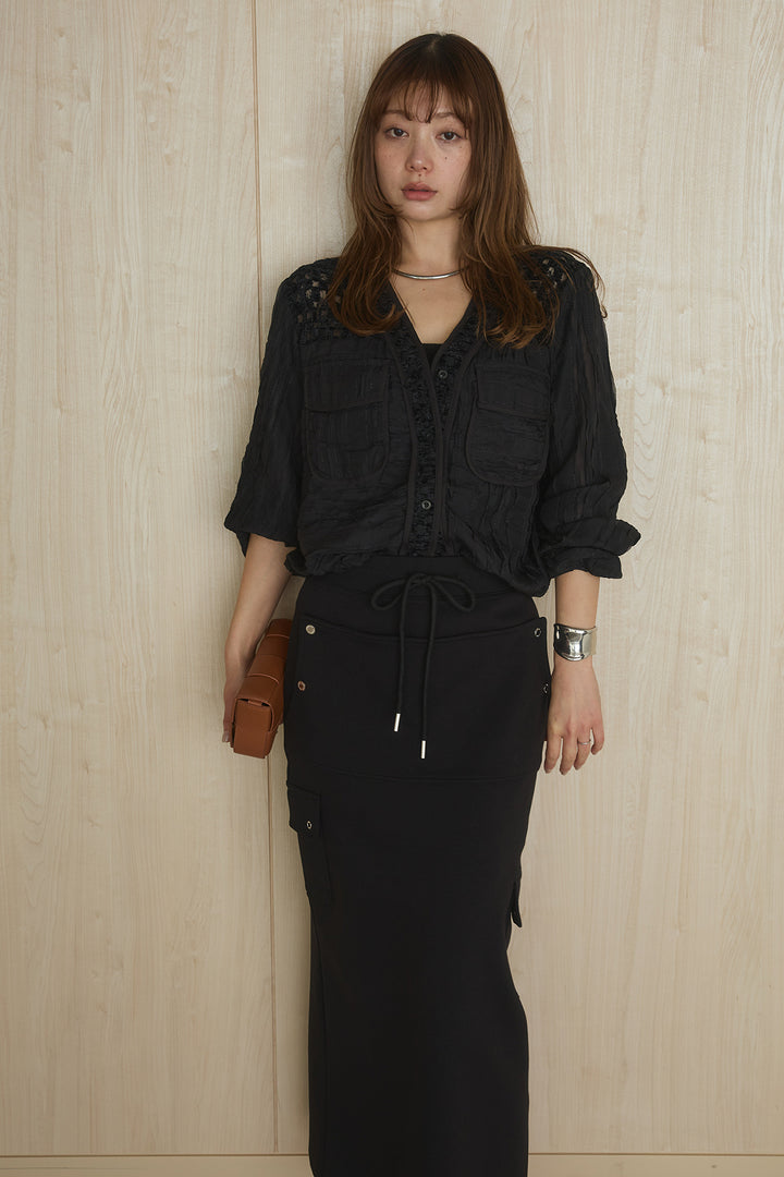 [SET]異素材切替シアーメッシュカーディガン+ドットボタン付きカットタイトスカート(2set)