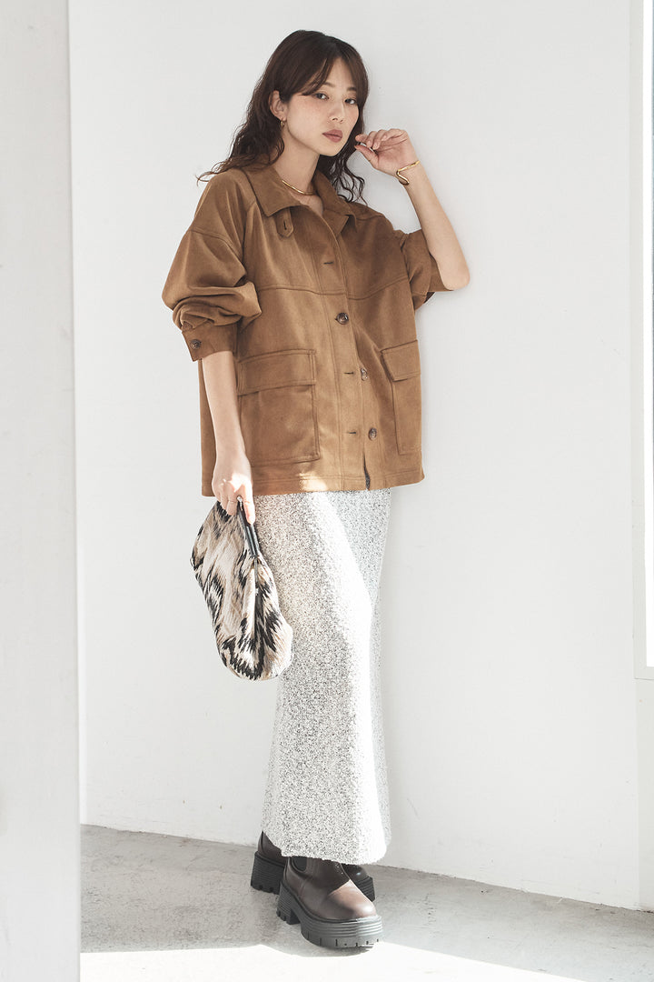[SET]デカポケスエポンジャケット+ツイード風MIXスラブスカート(2set)