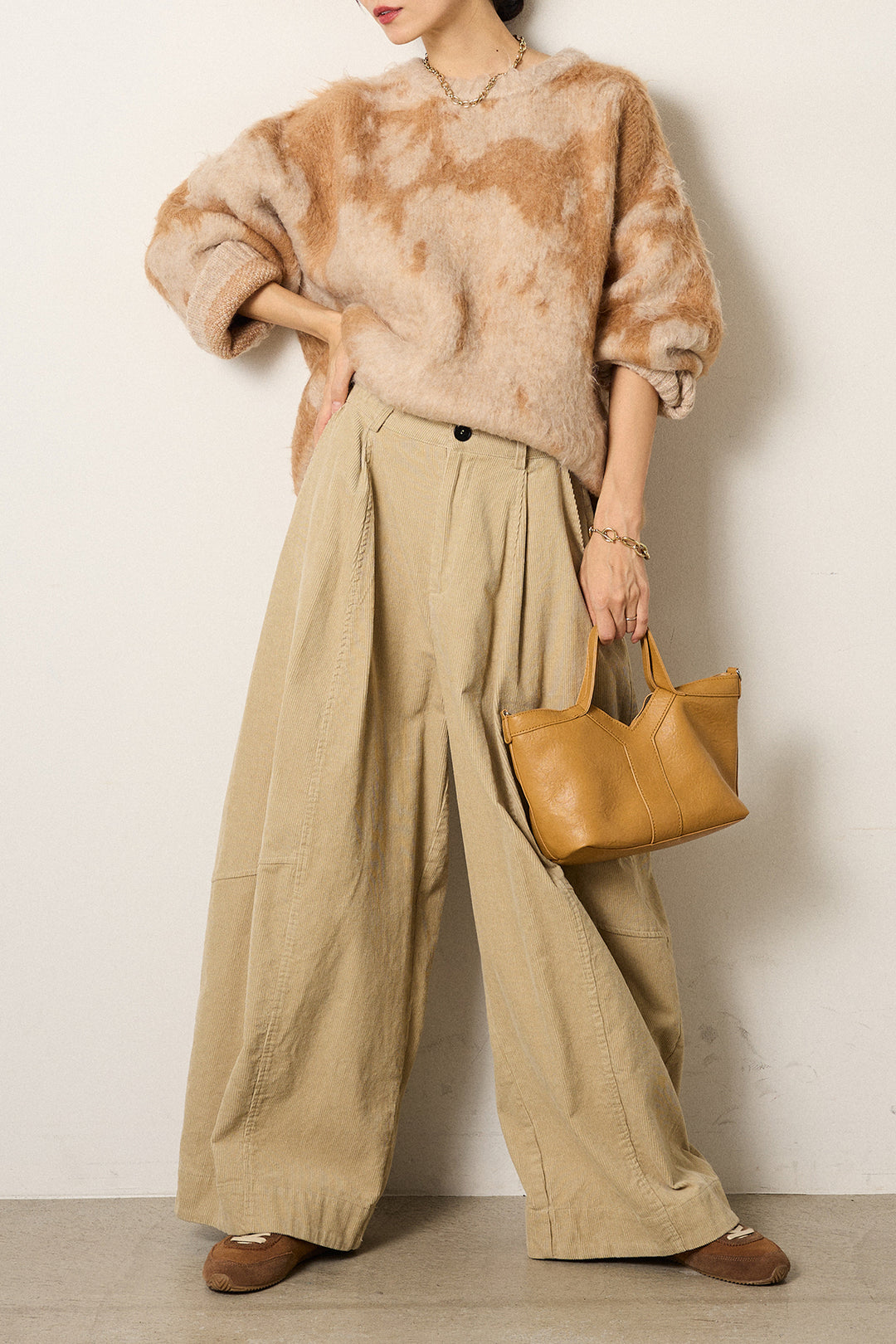 【着回しセット】[SET]モヘアタッチマーブルニット+タック入りコーデュロイワイドパンツ+ロープベルト付きスウェード調スカート(3set)