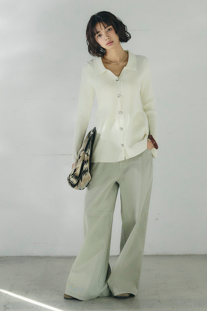 [SET]スキッパーペプラムニット+ウエスト裁ち切りデニムワイドパンツ(2set)