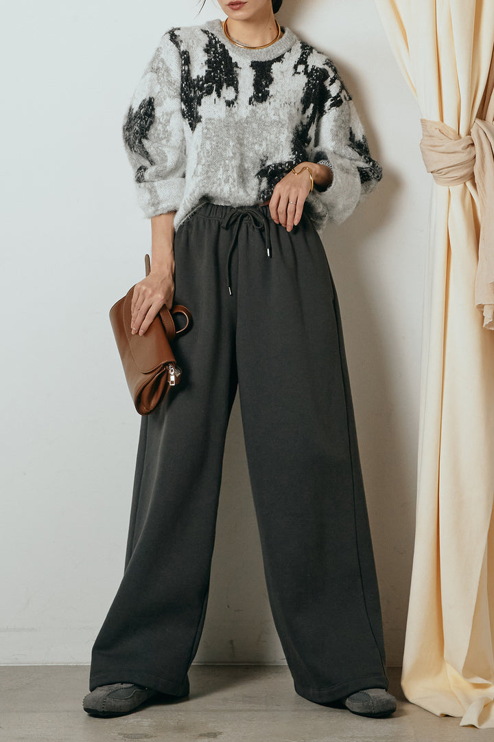 [SET]起毛ニュアンス柄ニットプルオーバー+裏起毛スウェットワイドパンツ(2set)