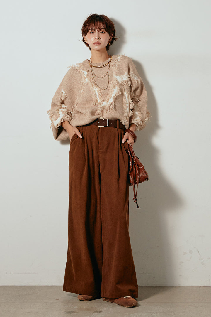 [SET]シャギージャガードニットトップス+太ベルト付きコーデュロイタックパンツ(2set)