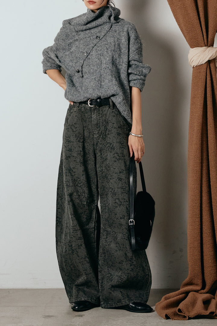 [SET]ケープデザインケーブルニットトップス+ベルト付きニュアンス柄カーブワイドパンツ(2set)