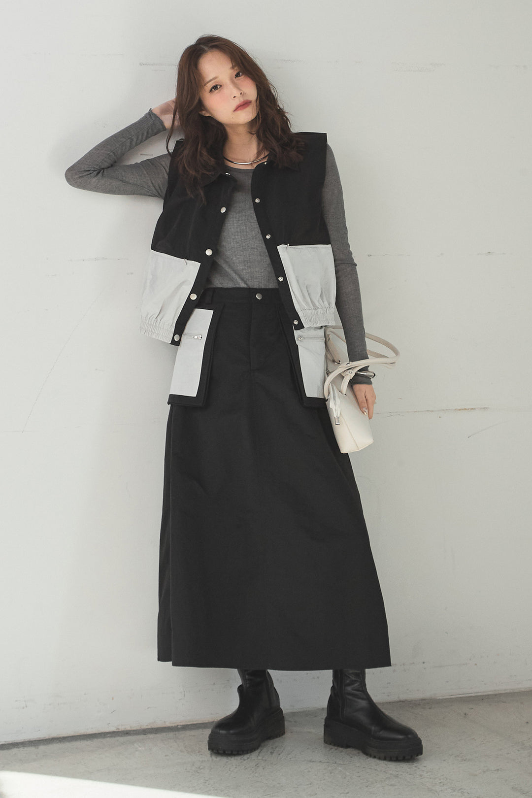 [SET]襟付きナイロンベスト+サイドデザインナイロンスカート(2set)