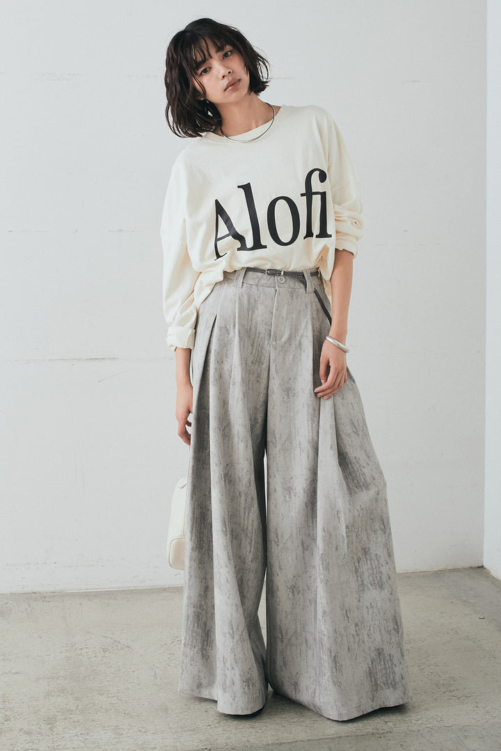 [SET]裾センタードロストロゴプリントワイドTシャツ+紐ベルト付きかすれ柄ワイドスラックス(2set)