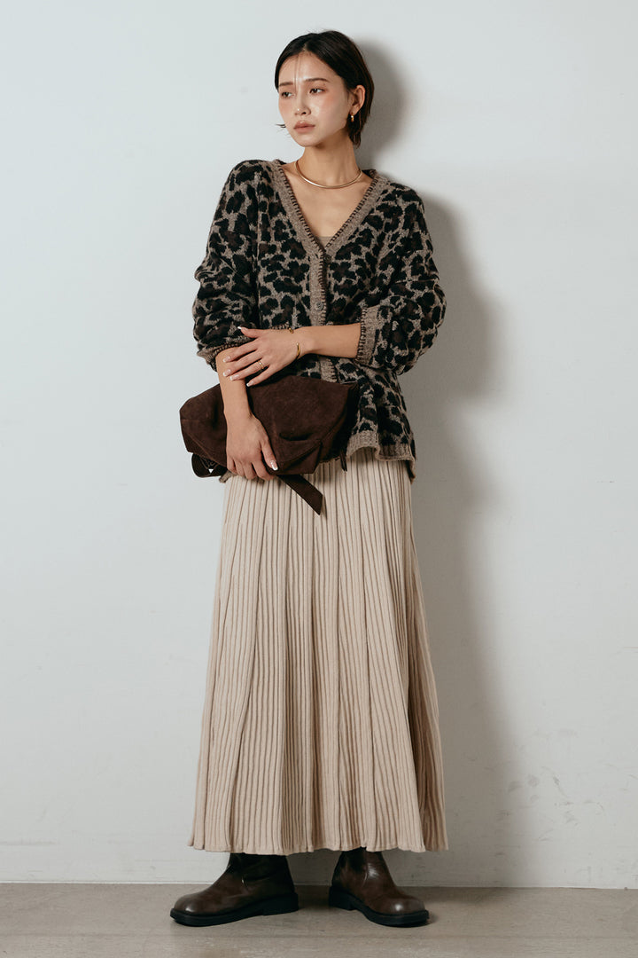 [SET]ステッチデザインレオパードニットカーディガン+リブニットフレアスカート(2set)