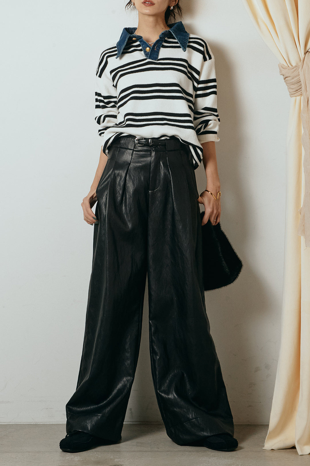 [SET]デニムレイヤード風ランダムボーダーニットプルオーバー+ベルト付きレザーライクタックパンツ(2set)