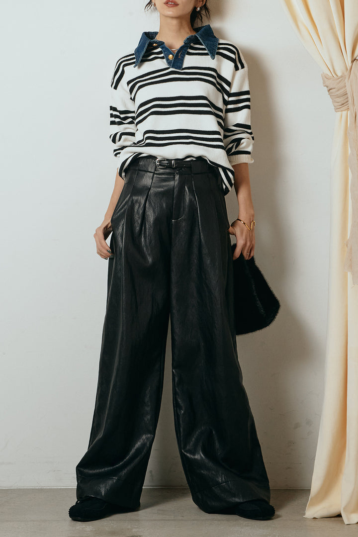 [SET]デニムレイヤード風ランダムボーダーニットプルオーバー+ベルト付きレザーライクタックパンツ(2set)