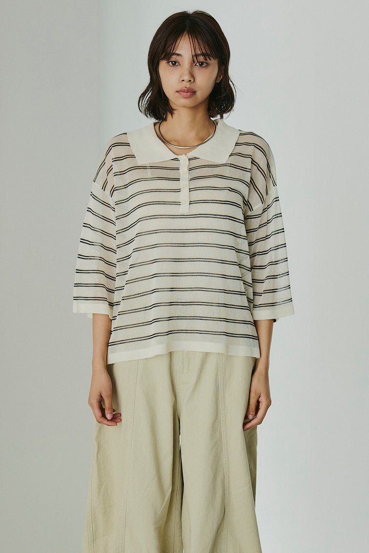 [SET]ボーダーニットポロシャツ+ニーサイドタックウエストドロスパンツ(2set)