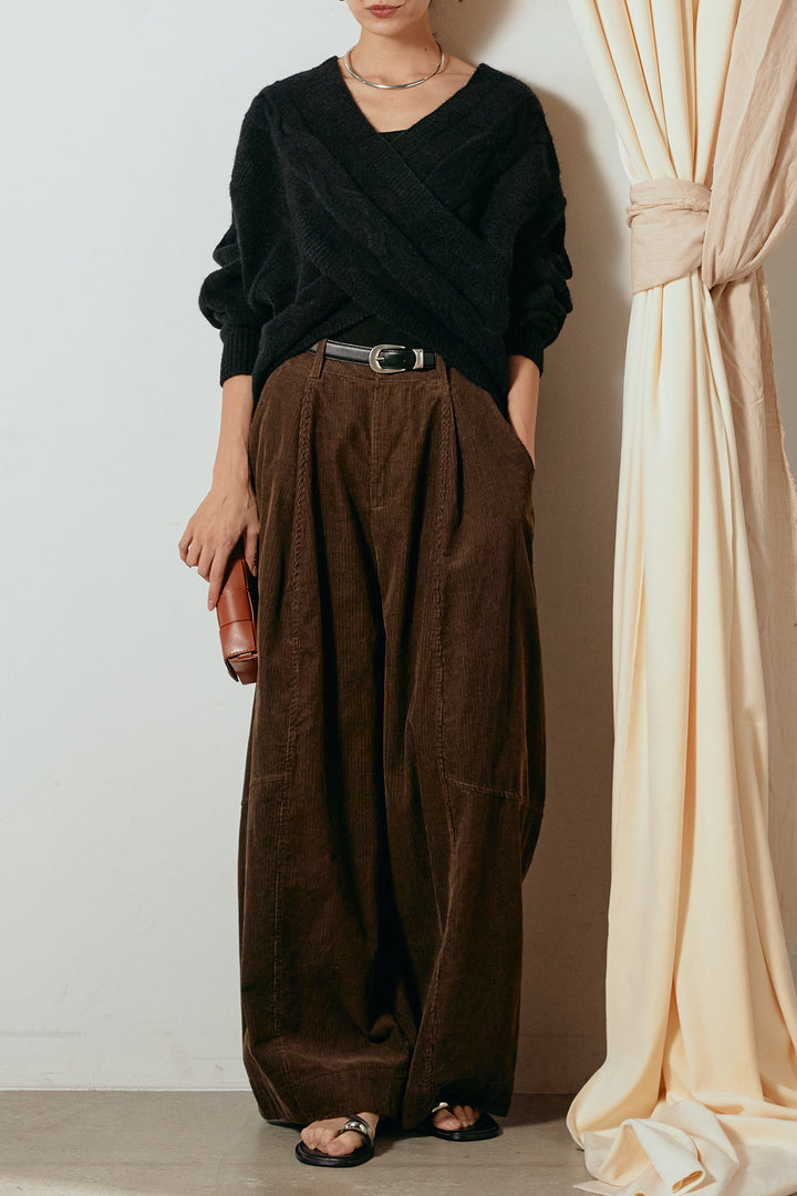 [SET]ケーブルカシュクールニットトップス+タック入りコーデュロイワイドパンツ(2set)