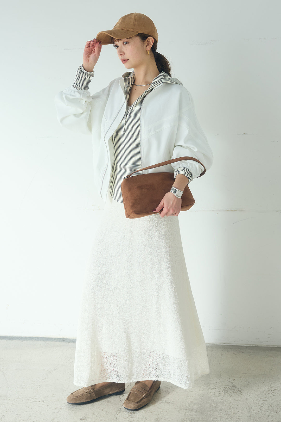 [SET]マルチ切り替えドルマンブルゾン+メッシュ刺繍ロングスカート+ボーダーフーディーロンT(3set)