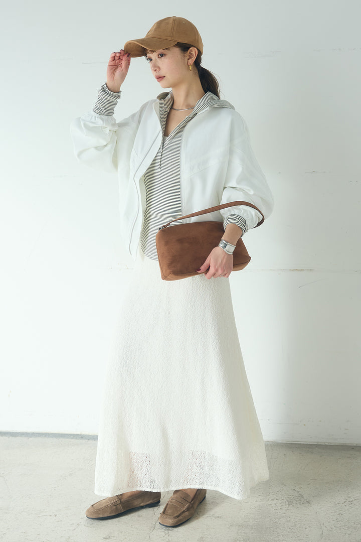 [SET]マルチ切り替えドルマンブルゾン+メッシュ刺繍ロングスカート+ボーダーフーディーロンT(3set)